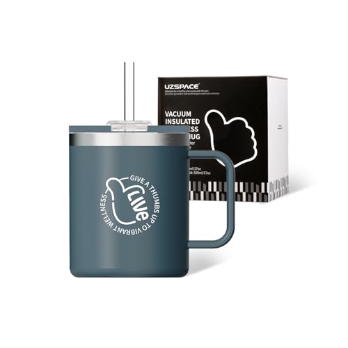 UZSPACE Mug Isotherme avec Poignée - Tasse a Cafe 500ml - Mug Thermos pour Café Chaud et Boissons Froides - Tasse à Café Réutilisable avec Paille, Bleu Ardoise