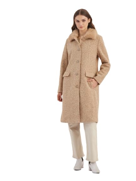 Women's Beige Faux Fur Collared Casual Textured Coat-image-3