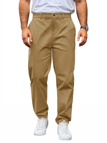 Runcati Pantalones chinos para hombre, corte regular, elásticos, pantalones de ocio, de algodón, pantalones largos y ligeros, pantalones de trabajo con cintura elástica, caqui, 3XL