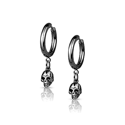 Pierced Owl - 20GA Skeleton Skull Dangle 316L Surgical Stainless Steel Hoop Earrings, Sold as a Pair