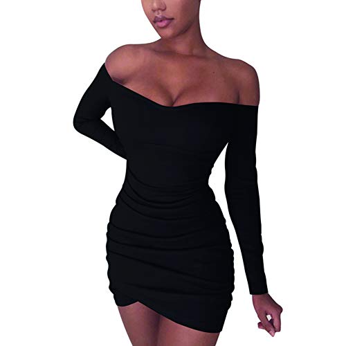 Women's Sexy Off Shoulder Long Sleeve Club Bodycon Tight Short Mini Tunic Dress (Medium, Black)