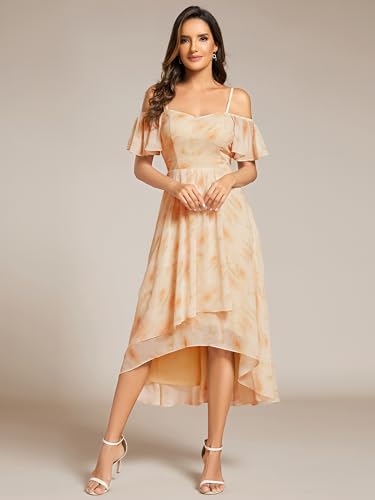 Image of Ever-Pretty Women's Summer Cold Shoulder Hi-Lo Asymmetrical Hem Flowy Chiffon Short Wedding Guest Dress 02103