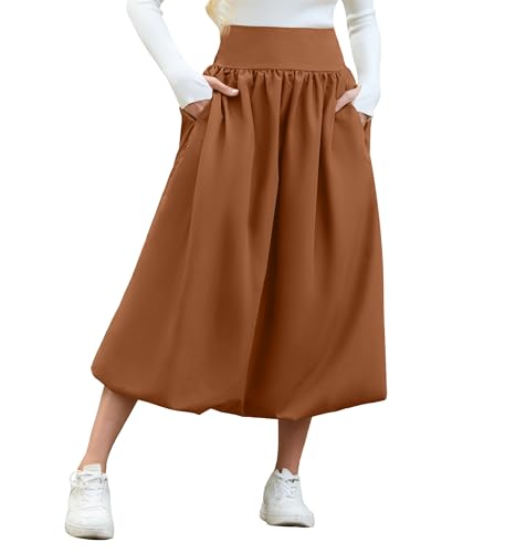 Women's Bubble Long Skirt Elastic Waist A-Line Pleated Ruffle Flowy Balloon Maxi Skirts with Pockets