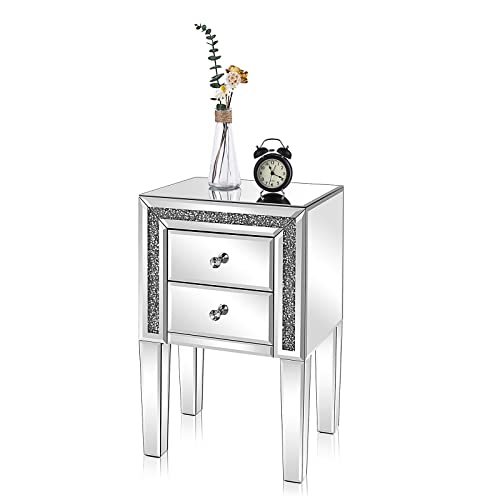 Image of VINGLI Mirror Nightstand with Drawer, Silver Mirrored Glass End Table, Crushed Diamond Glitter for Small Spaces /Bedroom /Living Room