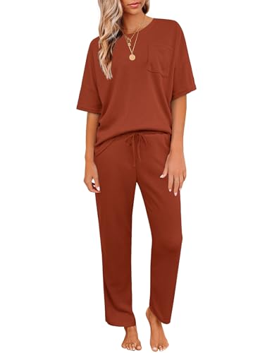 Image of JiniGolla Womens Pajama Sets Waffle Knit Short Sleeve Shirt with Long Pajama Pants Soft Sleepwear Pj Lounge Sets