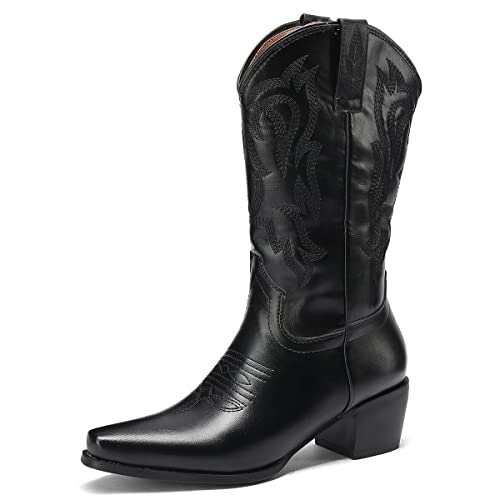 Zoducaran Damen Embroidered Western Stiefel Knee High Mode Cowboy Stiefel Wide Calf Block Heels Pull on Pointed Toe Cowgirl Hohe Stiefel Black Gr 43 Cover