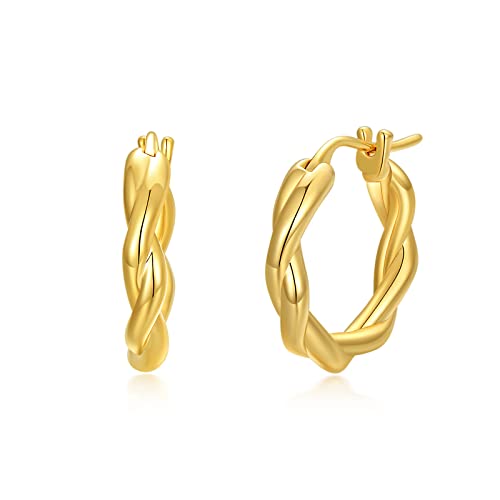 18k Yellow Gold Twist Hoop Earrings for Women, Real 18 Karat Gold Huggie Hoops(18 * 17 * 3 mm)