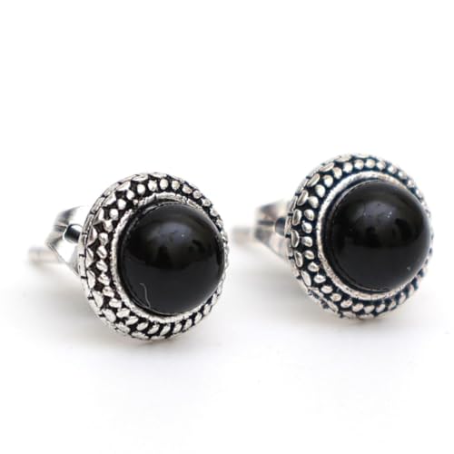 Gempires Small Genuine Black Onyx Stud Earrings, 6mm Round Gemstone Round Stud Earrings in Oxidized Look, Trendy Western Antiqued Style, Everyday Party Wear, Gift for Mom Wife s Daughter