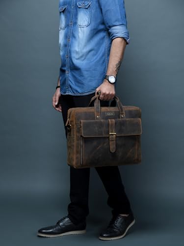 HULSH Genuine Leather Briefcase for Men 17 Inches Computer Bag | Business and Office Messenger Satchel Work Briefcase, Dark Brown