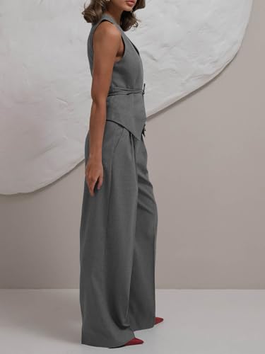 Cicy Bell Women's 2 Piece Outfits Sleeveless Tie Waist Suit Vest and Wide Leg Pants Business Casual Blazer Sets3