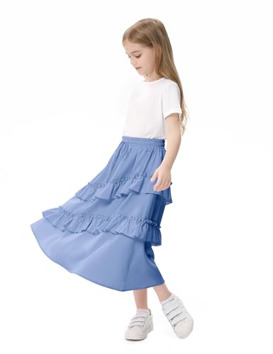 Image of Girls High Waisted Ruffle Maxi Skirt Soft Cotton Long Skirts with Elastic Waistband for Kid Girl 3-12 Years