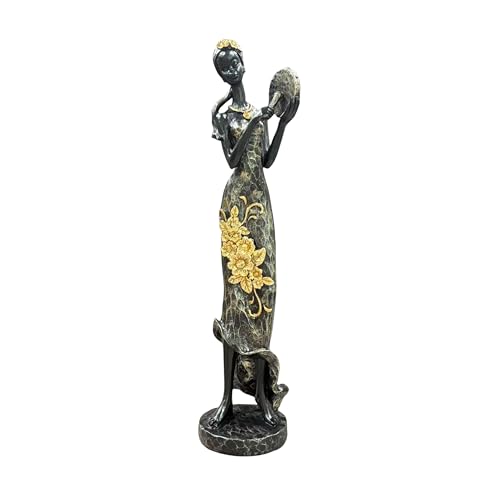 Lescafita African Woman with Tambourine Music Decor Statue – Tribal Female Percussion Sculpture Figurine – Handmade Ethnic Music Decor for Home or Office