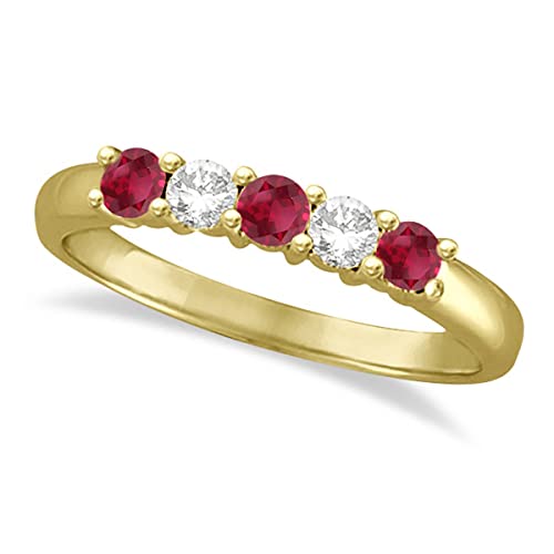 Diamond And Ruby Five Stone Ring Anniversary Band 14K Yellow Gold (0.55Ctw) #TOP7