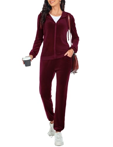 Aottori Damen Velours Jogginganzug Trainingsanzug Nicki Hausanzug Schlafanzug Zweiteilige Pyjama Set Herbs Winter Weinrot M
