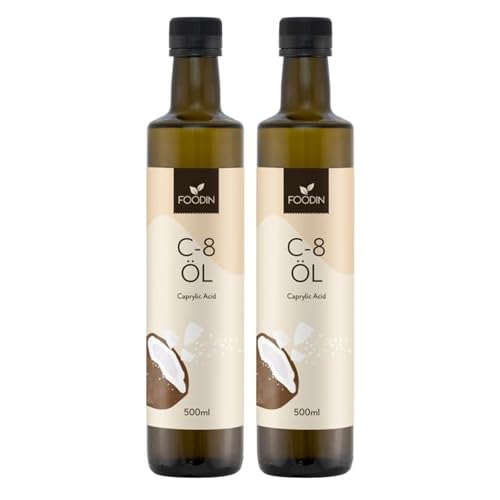 FOODIN Aceite MCT C8, 1000ml Aceite de Coco, Mejor para la Dieta Cetogénica, Aceite MCT Cetonas para Beber, 3x Más Cetonas (100% C8), Aceite de Coco Líquido y Sin Sabor (2x500ml)