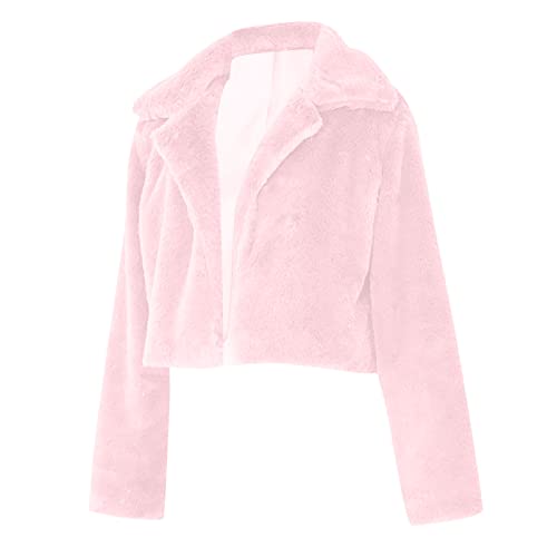 Faux Fur Jackets For Women Winter Warm Fluffy Fleece Crop Outerwear Oversized Soft Coats Jacket Trendy Short Tops Pink #TOP4