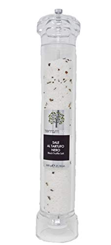 Terramezzo Moulin à sel à truffe en céramique (450 g x 30 cm de haut) de qualité supérieure Sel de mer sicilien et flocons de truffe d'été noirs, idéal pour assaisonner toutes sortes de plats cuits et