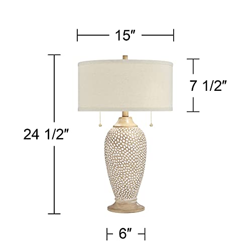 360 Lighting Cody Rustic Farmhouse Table Lamps 24 1/2" Tall Set Of 2 Beige Textured Pebble Drum Shade Decor For Bedroom Living Room House Home Bedside Nightstand Office Entryway Kids Family #TOP3