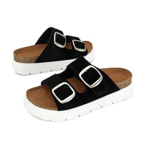 Image of Genuine Leather Platform Sandals for Women Comfortable Summer Beach Slides Sandals with Double Adjustable Buckle