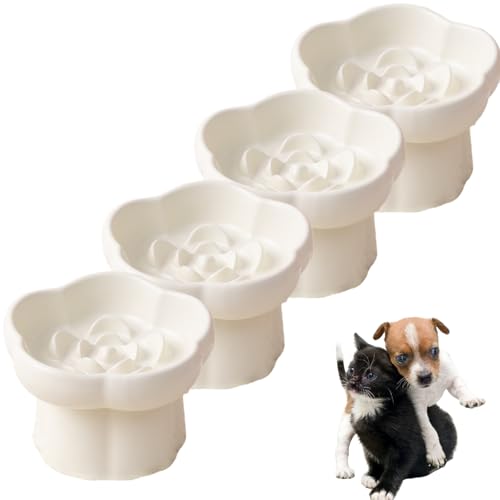 Ceramic Elevated Slow Feeder Cat Bowl,Anti Vomit Design for Whisker Fatigue Relief,Elevated Slow Feeder Bowls for Indoor Cats&Small Breeds,Perfect for Wet Food&Small Dogs (4, White)