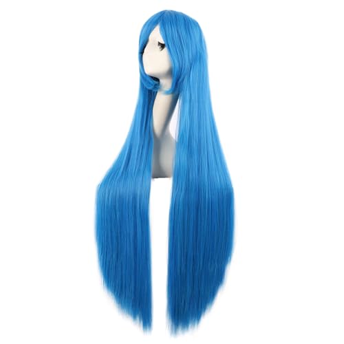 Image of MapofBeauty 40 Inch Oblique Bangs Anime Long Straight Wig, Mixed Light Blue