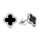 Evensee Pendientes Trébol Negro Grande Plata de Ley 925,Trébol Cuatro Hojas Extra Grande con Ónix y Rodio,Pendientes Hipoaalergénicos para Orejas Sensibles, Regalo para Aniversario y Boda