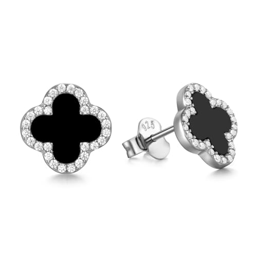 Four Leaf Clover Earrings 925 Sterling Silver for Women,Stud Earrings Jewelry with Black Onyx and Mother of Pearl,Elegant Gift for Her
