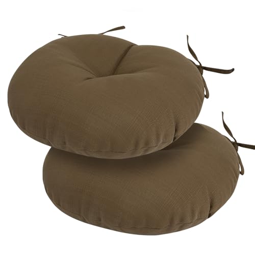 Bistro Chair Cushions 18 inch,Set of 2,Tufted Round Chair Cushions with Ties,18"x18"x4",Water Resistant Round Seat Cushion for Barstool Chairs,Patio Garden Kitchen Outdoor Furniture(Coffee Brown)