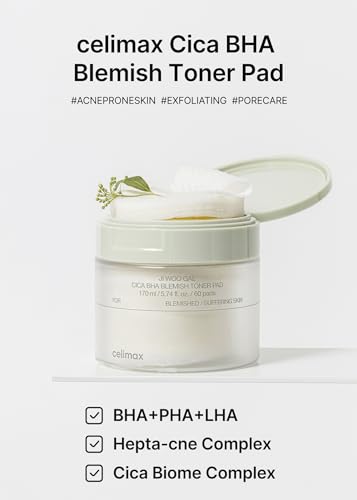 Celimax Ji.Woo.Gae CICA BHA Blemish Toner Pad | BHA PHA LHA Complex, Centella Asiatica Extract, Hydrating, Moisturizing, Soothing, Reparing, (60 Pads)