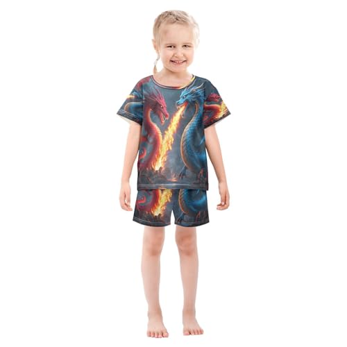 ALAZA Dragon Fire Animal Pajamas Set Short Sleeve Cotton Sleepwear Summer Pjs 2 Piece 5-14Y3