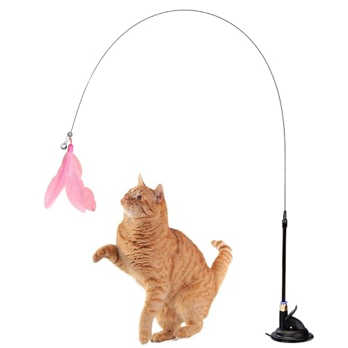 Homeaura Cat Teaser Toy with Bell and Suction Cup - Interactive Cat Toy for Kittens and Adult Cats - Indoor Play Toy for Persian Cats and Other Breeds (Feather and Elastic Toys)