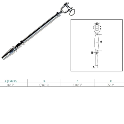 Prolinemax TENSOR QUINAJA Acero inoxidable T316 para cable 3/16" hilo 5/16"-18 longitud total 9.5" miniatura 2