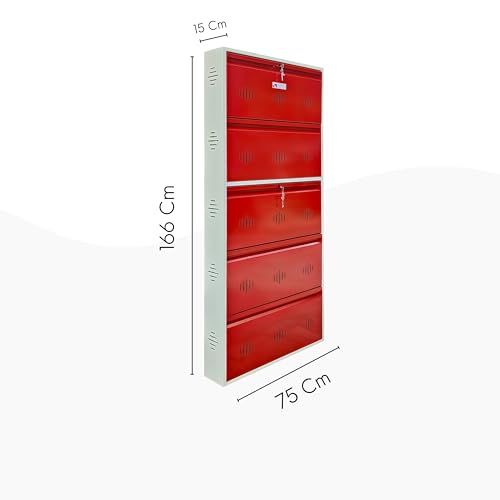Image of StayHappy Wide Wall-Mounted Metal Shoe Rack, Red, 5 Door