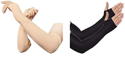 Fashiol Combo Sale Arm Sleeves for Unisex Bikers with Thumb Hole for Protection Against Sun, Dust & Pollution Pack of 2 Colour- (Black,Skin) Free Size