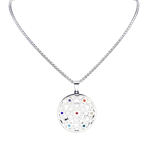 Collier 7 chakras pour femme et homme avec pendentif géométrie sacrée en graine de vie