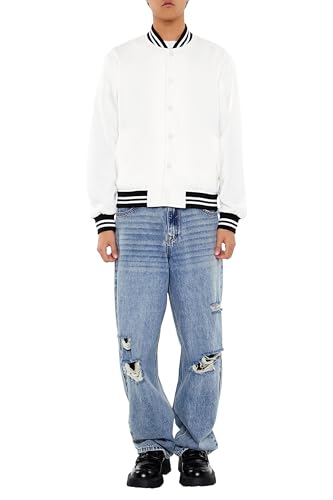 Forever 21 Men's Varsity-Striped Bomber Jacket, Cream2