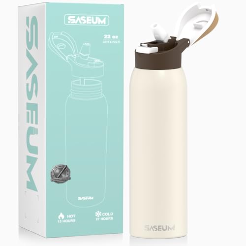 Saseum Water Bottle with Straw, 24 oz Free-Sip Double-Wall Vacuum Insulated Stainless Steel Bottle, One-Click Open Design with Soft Silicone Spout, BPA-Free, Ideal for School, Sports & Travel