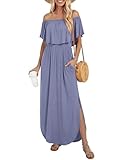 LILBETTER Women's Off Shoulder Summer Casual Long Ruffle Beach Maxi Dresses with Pockets (Purple Grey,Large)
