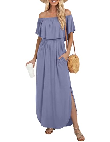 LILBETTER Womens Off Shoulder Summer Casual Long Ruffle Beach Maxi Dresses with Pockets (Purple Grey,Large)