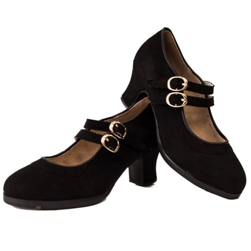 El Rocio desde 1980 Zapatos de Flamenco de Dos Correas en Ante y Doble Suela (Negro, Sistema Tallas Calzado EU, Adulto, Mujer, Números, Mediano, 42)