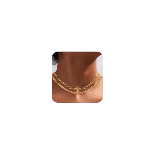 Moodear Gold Necklace for Women Trendy 14K Dainty Chunky Gold Layered Necklace Cuban Link Paperclip Chain Choker Necklace for Women Trendy Fashion Jewelry