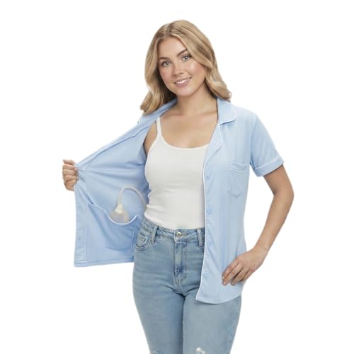USBD Post Mastectomy Shirt with Drain Pockets Lapel Collar Post Op Button Down Recovery Tops (Sky Blue, Large)