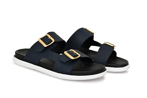 Image of Men's Stylish Dual Buckle Slip-On Sandals | Comfortable & Lightweight Casual Sliders /Slipper for Everyday, Travel, & Beach
