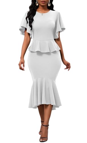 Image of Womens Summer Ruffle Short Sleeve Fishtail Dress Evening Cocktail Formal Peplum Midi Mermaid Dresses Elegant