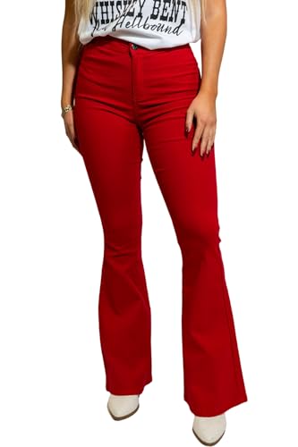 Willow Boutique High Waisted Bootcut Jeans for Women – Stretchy Bell Bottom Flare Pants | Western Bottoms for Women - Red