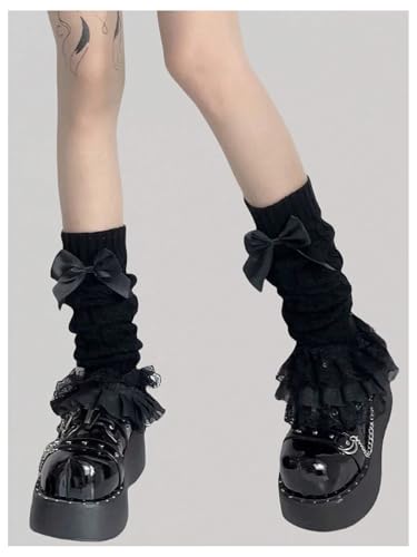 Women's 1 Pair Y2K Bow Front Lace Trim Leg Warmers Ribbed Knit Over Knee Pile Leg Warmers Long Socks4