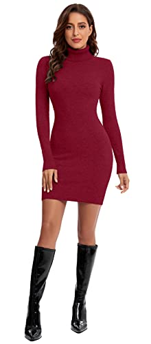 Avancel Damen Strickkleid Winter Kleid Langarm Pulloverkleider Knielang Elegant Rolllkragen Kleidr Herbst Weinrot L