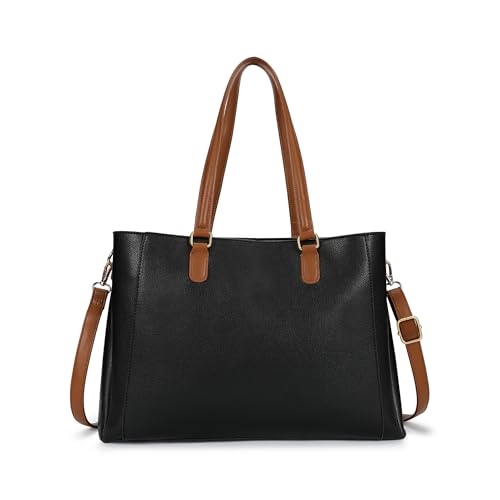 Image of Structured Laptop Tote Bag for Women | Faux Leather Work Bag with 14-Inch Padded Sleeve, 3 Compartments, Zip & Magnetic Closure | Elegant Everyday Tote for Office, College & Commutes
