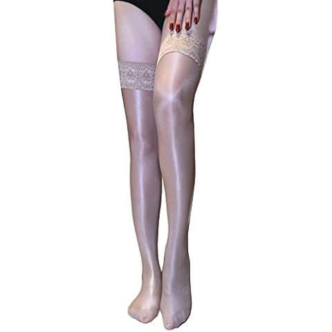 Women's 70 Denier Opaque Thigh High Anti-skid Stockings Silicone Hold Up Stocking With Lace Top Stay Up Oily Pantyhose, Beige, One size Cover