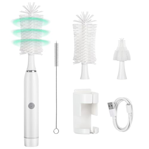 Image of Zooawa Electric Bottle Brush Set with Electric Baby Bottle Brush Cleaner, Nipple Brush, Straw Cleaner Brush, 1800mAh, USB Rechargeable, BPA Free, IP 65 Waterproof, Gift for New Moms, White